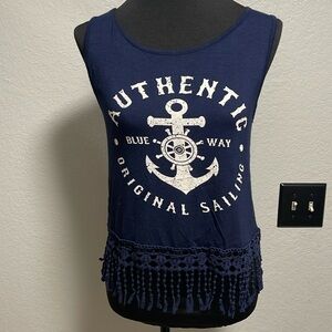 Peaches and Cream Nautical Sleeveless Navy Blue Tank Top with Fringe  Medium